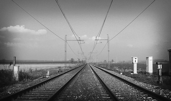 railroad, tracks, telephone cables, deserted, black and white, old